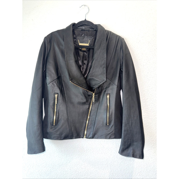 IMAN Womens Motorcycle Jacket Black Zip Up Pockets Wrap Collar Size L - Picture 1 of 9
